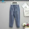 8265 Kobiety Moda Korea Styl Cartoon Cat Haft Baggy Elastyczna Talia Wysokie Denim Przycięte Spodnie Kobiet Harem Dżinsy 210809