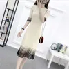 Arrival Mesh Patchwork Hit color Striped Knitted Dress Graceful O-Neck Slim Bodycon Midi 210529