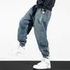 Mode streetwear män jeans lös passform retro blå hög kvalitet casual denim cargo byxor hip hop joggers breda ben bomull byxor