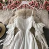 Neploe Seksi Omuz Straplez Camis Elbise Kadınlar Yüksek Bel Kalça Bir Çizgi Ince Vestido Kazak Kısa Kollu Beyaz Mizaç Robe 210423
