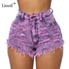 Liooil Sexy buraco sarja de denim shorts com tassel mulheres altas cintura botão zíper bolsos feminino outono lavado jeans magro 210323