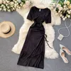 Women's Summer Spring Draw String Fold Slim Fit Fashion Dress Split V Neck Short Sleeve High Waist Ladies 210520