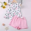 Set di vestiti per bambina Top senza maniche con stampa foglia per bambini + pantaloncini con fiocco Abito estivo in 2 pezzi casual Bambina 2-6 anni 210515