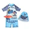 12 Designs Summer Swimsuit Boy One-Piece Swimwear With Cap Cute Animal Printed Baby Shorts Board Clothes Kids