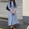 Cordón Puff manga azul vestido a cuadros mujeres francés retro suelto hendidura larga tobillo longitud camisa vestidos robe femme vestido 210601