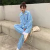 Casual losse twee stukken blauwe set bear patch rits hoodies + harem sweatpants Koreaanse schattige outfits pak sets 210519