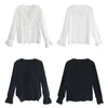 PERHAPS U Women White Black Ruffle V Neck Long Sleeve Puff Sleeve Solid Top Shirt Blouse Top High Street B0206 210529