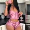 Women Spaghetti Strap Silk Lace V Neck Sleepwear Set Bow Summer Femms Crop Tops Pajamas Lady Drawstring Sexy Nightwear