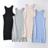 Kvinnor Sommarbandage Bodycon Tank Klänningar Casual Sling Ärmlös Elastisk Party Mini Klänning Solid Side Split Female Vestidos 210507