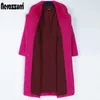 Nerazzurri Hiver Long Rose Fausse Fourrure Manteau Femmes Revers Chaud Épais Noir Doux Moelleux Veste Lâche Élégant Mode Coréenne 210817