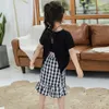 Meninas roupas de verão tshirt + xadrez saia roupa para carta menina roupa casual estilo kidsacksuit 6 8 10 12 14 210528