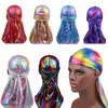 Мужчины женщины шелковой лазерный полиэфир бандана шляпа Durag Rag Tail Wrap Headwear Подарочная Cap2191084