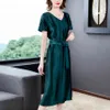 Vestido de seda coreano para mujer, elegante, de satén, para mujer, de cintura alta, a rayas, de talla grande, con cuello en V, ajustado, largo, es 210427