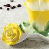 Creative Fashion 3D Rose Shape Flower Enamel Ceramic Coffee Tea and Saucer Spoon Set Porcelain Water Cup Valentine Day Gift