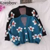 Korobov Otoño Invierno Nuevas Mujeres Suéter Preppy Estilo V Cuello Manga Larga Sueter Mujer Flor Coreana Cardigans Femeninos 210430