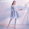 Lamya Manga Curta Rendas Vestidos de Baile BarcoPescoçoFesttaàNoiteElegante Plus Size Vestidoの正式なプロンプドドレス