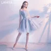 Lamya Manga Curta Rendas Vestidos de Baile Barco Pescoço Festa à noite elegante plus storlek vestido formella prom klänningar