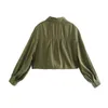 Casual Cotton Cropped Tops Woman Army Green Krótkie koszulki Latarnia Rękaw Bluzki 210421