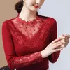 Red Lace Bottomed Shirt Women's Spring Thin Long Sleeve 2022 Mesh Patchwork Hollow Out Top Middle-Aged Mother T-Shirt