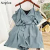 Neploe Women BodySuits Hongkong Style Sommar Sexig Camisole Shouldress Sashes Slim Wasit Chiffon Wide Leg Jumbsuits 82202 210423