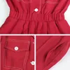 Womenturn Down Collar Summer Solid Red Green Pocket Rompers Jumpsuit Short Sleeve J0120 210514