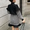 Women Two Pieces Set Black Beige White Plaid Pullover Stand Collar Long Sleeve Top Tweed Mini Skirt T0154 210514