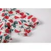 Hoge taille rose gedrukt mini-jurk voor vrouwen zomer mode o hals lantaarn korte mouw gedrapeerde vintage vrouw 210515