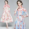 Women High-End Elegant Floral Print Dress Fashion Sexy Ladies Lace-Up Bow Turn-Down Collar Party Dresses Vestidos Casual