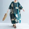 Johnature Summer Striped Plus Size Long Women Dresses New Half Sleeve Casual Loose O Neck Cotton Linen Vacation Dress Green 210319