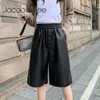 Spring Black PU Leather Women Half Pants High Waist Lady Oversized Wide Leg Pants Vintage Female Loose Plus Size Trousers 210619