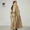 الفانلسيلان 100٪٪ khaki طويل المرأة خندق معطف الخريف الشتاء رفض طوق الملابس السببية كاملة الأكمام حزام 210914