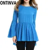 Clearance Mulheres Moda Moda Blusa Flare Sleeve Silk Sour Verão Peplum Tops Azul Color Ruffles Plissado Camisa Plus Size 210527