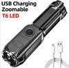 Mini LED USB Şarj Edilebilir El Feneri Taşınabilir Süper Parlak El Fenerleri Meşale Teleskopik Zoom Yürüyüş Av Torçu Kamp Lambaları Işıklar