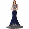 2022 Black Long Prom Dresses Illusion Neck Mermaid Blue Prom Gown Gold Applique Sleeveless Red Floor Length Evening Dresses US Sto6399051