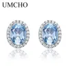 UMCHO Mavi Topaz Saplama Küpe Kadınlar Için Katı 925 Ayar Gümüş Küpe Kız Moda Taş Takı Düğün Parti Hediye Yeni 210325
