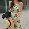 Korjpaa Kvinnor Sling Klänning Koreanskt Elegant Trim Krage Korsa Tryck Blomma Hög midja Slim Vestido Suspender Kjol 210526