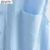 Zevity Women Simply Breasted Solid Color Kamizelka Bez Rękawów Koszula Koszula Biurowa Panie Pocket Bluzka Roupas Chic Chemise Topy LS9278 210603