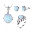 Luxuriöse milchig weiße Silber-925-Sets für Frauen, runder Opal-Ring, Ohrringe, Halskette, Blumen-Design, Hochzeitsschmuck-Set
