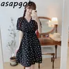 Lace Up Bel Ince V Boyun Kısa Kollu Çiçek Siyah Beyaz Noktalar Şifon Elbise Kadın Mini Giysi Yaz Retro Vestido Sweet 210429