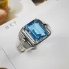 Moda quadrado azul cristal topázio gemstones diamantes dos homens anéis dedo branco ouro cor de prata jóias cool acessórios presentes