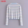 Tangada Korea chique vrouwen gestreepte patroon dunne trui lange mouw dames gebreide jumper tops SW21 210609