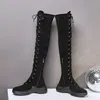 Enfant daim plate-forme plate Stretch longues bottes femmes chaussures Zip croix attaché en cuir véritable sur le genou dames noir 210517