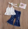 Çocuklar Bebek Kız Giysileri Setleri Yaz Halter Beyaz Dantel Yelek + Yırtık Çan Alt Denim Pantolon Jeans Çocuk Kıyafetler