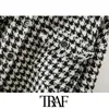 Traf kvinnor mode överdimensionerade houndstooth frayed tweed jacka kappa vintage långärmad fickfickor kvinnliga ytterkläder chic topp 211025