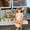 Dziewczyny Lato Kwiatowy Koronki Rękaw Puff Rękaw Princess Sukienki Koreański Styl Baby Girl Cotton Fartuch Haft Dress 210615