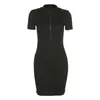 Women Dress Bag Hip Slim Fit Solid Front Zipper Open Deep V-Neck Black Casual Short Sleeve Summer Streetwear 210522
