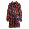 Women Vintage Floral Print Chiffon Mini Dress Female Stand Collar Bow Tie Lantern Sleeve Clothes Casual Lady Loose Vestido D6850 210430