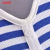 Tangada Fashion Blue Stripe Print Slim Knit Tank Robes pour femmes Femme Casual Midi Dress 3W40 210609