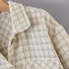 Giacca da camicia in tweed scozzese moda Donna Tasche a maniche lunghe vintage Capispalla Top Cappotto Jakcet con orlo irregolare allentato 210515