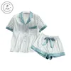 Women Ice Silk Pajamas Set Summer Fashion Stripe Nightwear Short Sleeve Shorts Homewear High Quality Silky Sleepwear ouc715 X0526